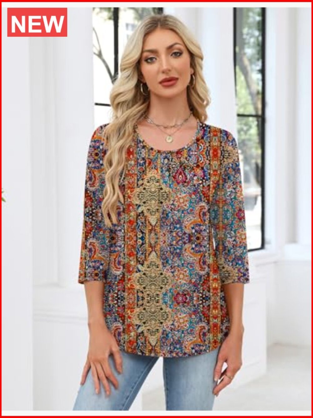3/4 Length Sleeve Tunic Blouse Crew Neck Loose Fit Summer Casual Top - Picture 4 of 6